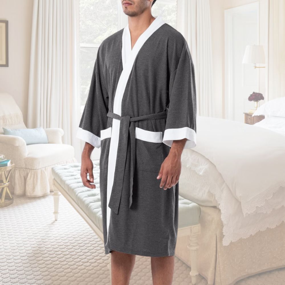 A lightweight waffle weave bathrobe